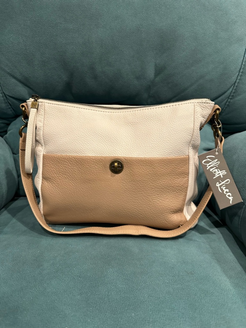 Elliott Lucca Ivory and Beige Pebbled Leather Shoulder Bag